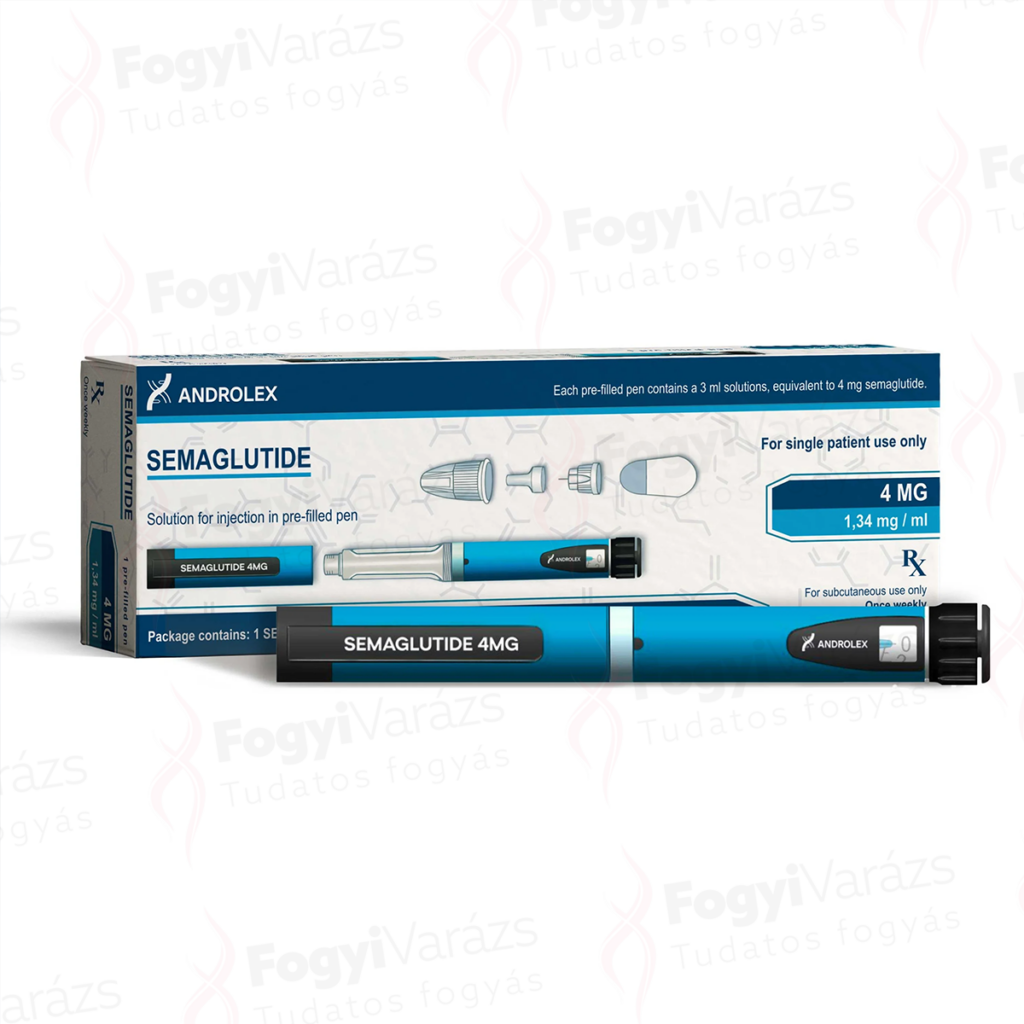 Androlex Semaglutide 4mg toll dobozos kiszerelésben, előretöltött injekciós pen formában, fehér háttéren.