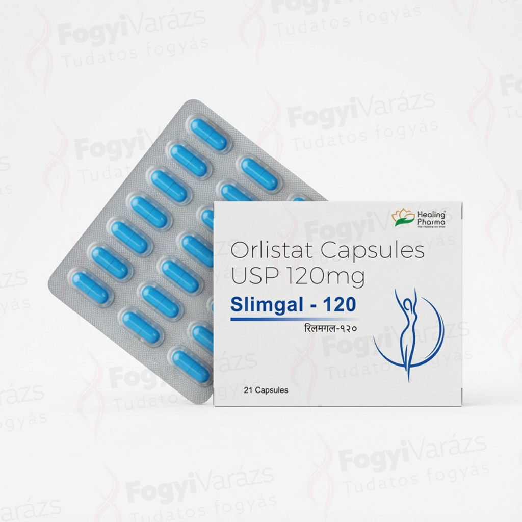 Orlistat 120 mg Slimgal kapszula doboz és kék kapszulák bliszteres kiszerelésben, fehér háttéren.