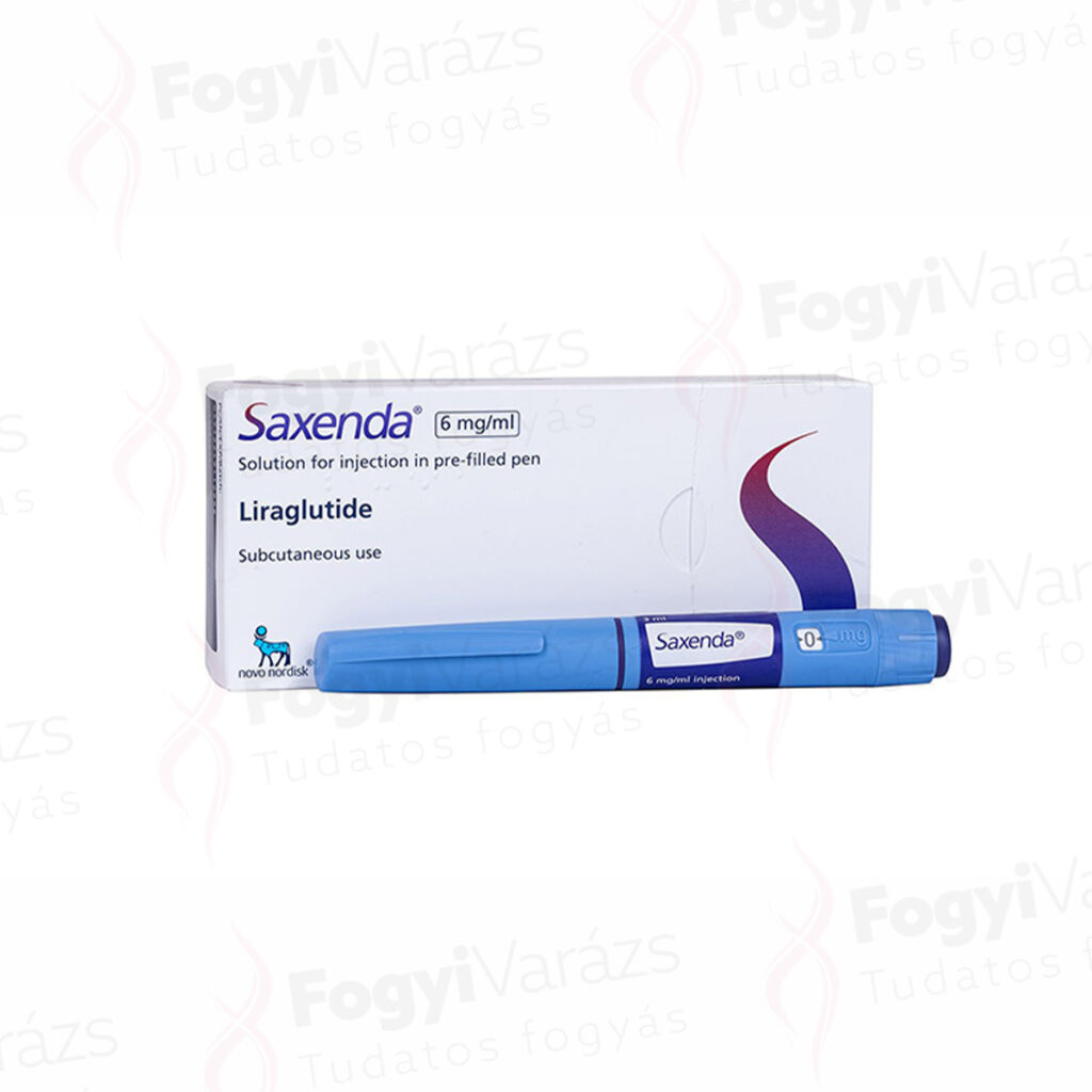 Saxenda injekció 6 mg/ml előretöltött tollas kiszerelésben, liraglutide hatóanyaggal és Novo Nordisk csomagolással.