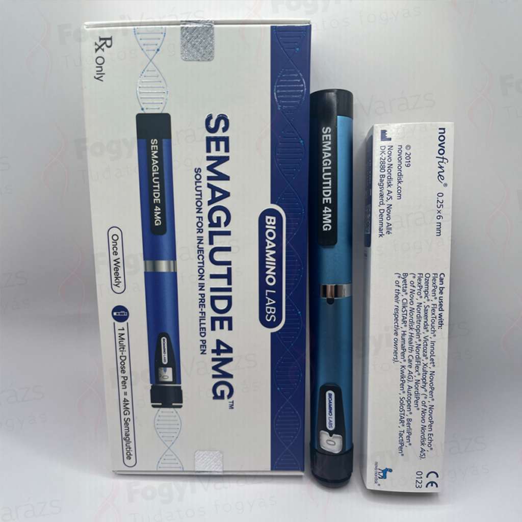 Semaglutid 4 mg injekciós toll Bioamino Labs dobozos kiszerelésben, előretöltött tollal és tűkkel.