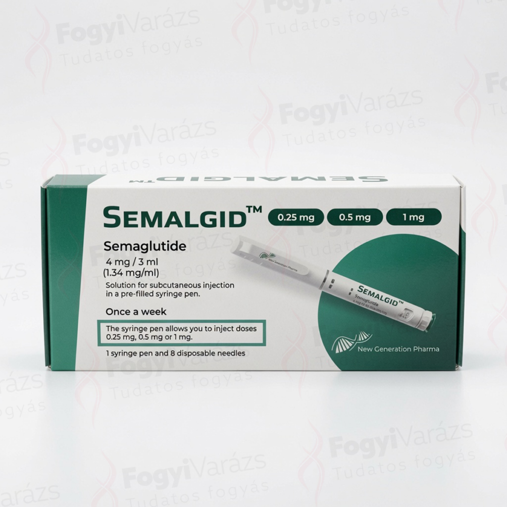 Semaglutide 4mg Semalgid dobozos kiszerelés előretöltött injekciós toll formában, 0.25 mg, 0.5 mg és 1 mg jelöléssel.